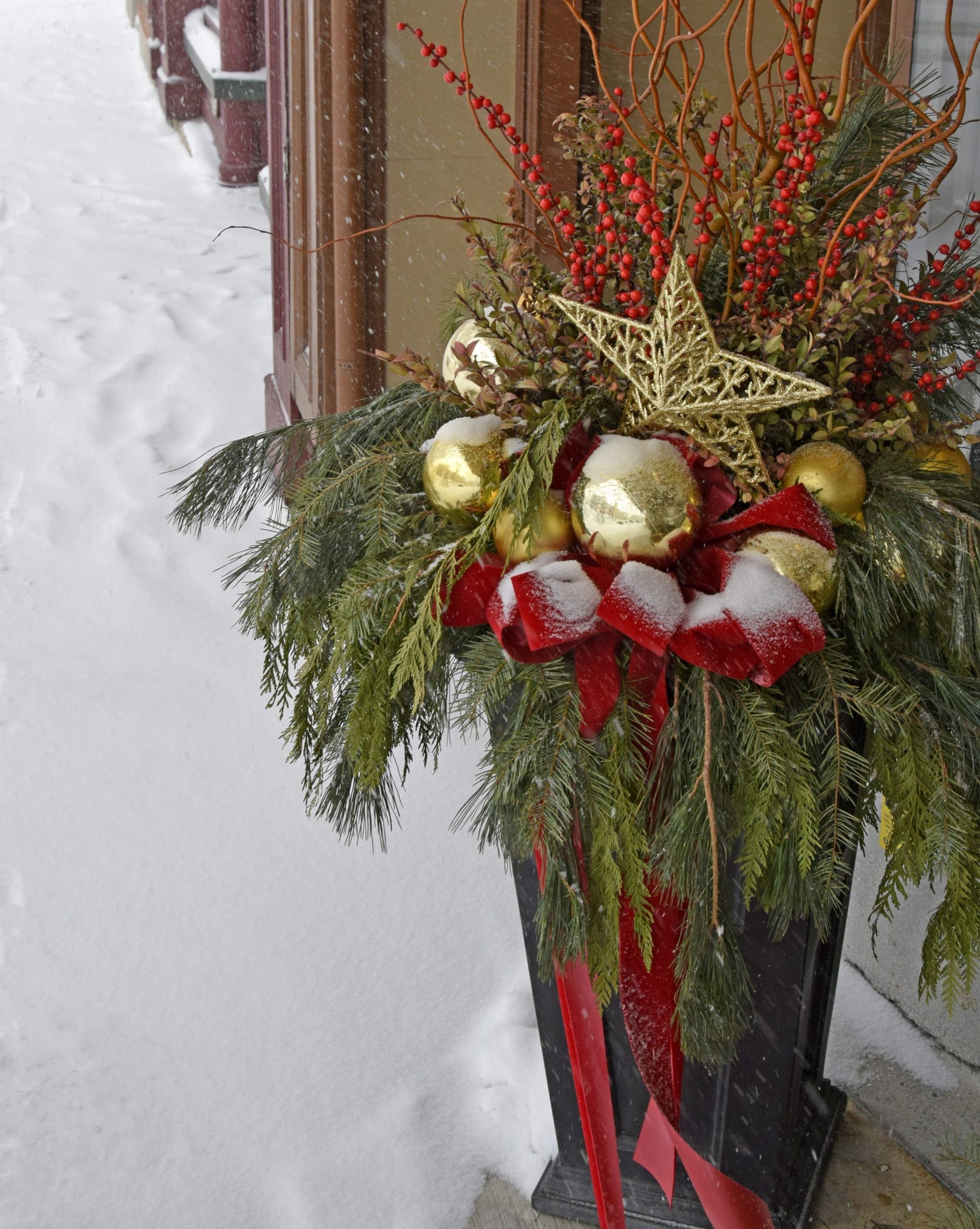Large Planter with Gold Ornaments and Star Topper — Christmas Porch Planters