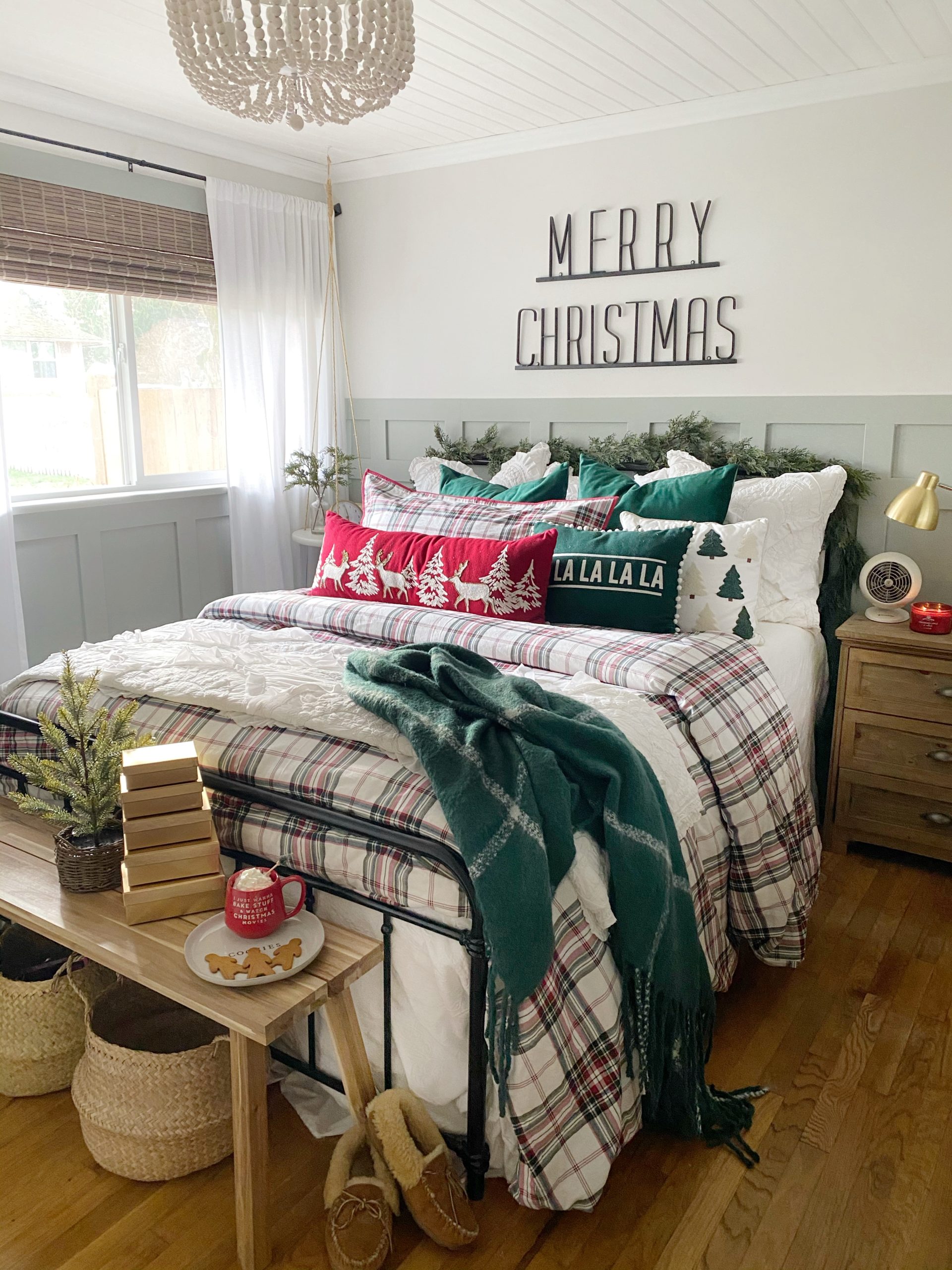 Bed Is The Main Focus Farmhouse Bedroom with 'Merry Christmas' Sign and Garland — Christmas Bedroom Decor