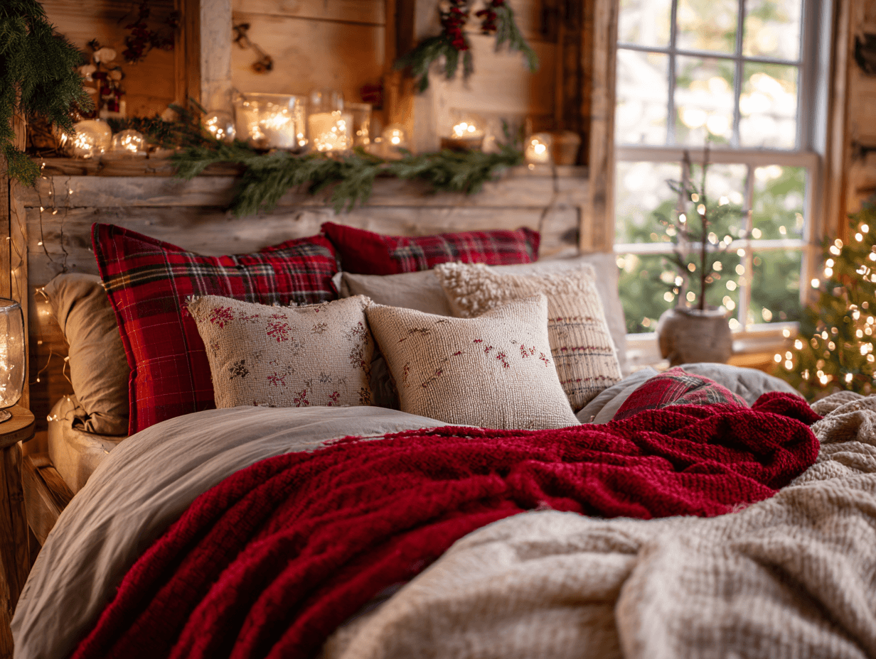 Cozy Rustic Bedroom with Layered Plaid and Knit Textures — Christmas Bedroom Decor