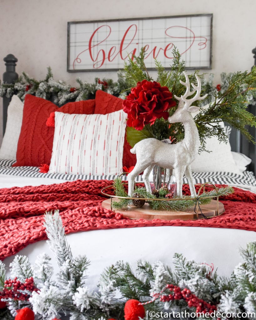 Farmhouse Bedroom with Chunky Knit Throw and Silver Reindeer — Christmas Bedroom Decor
