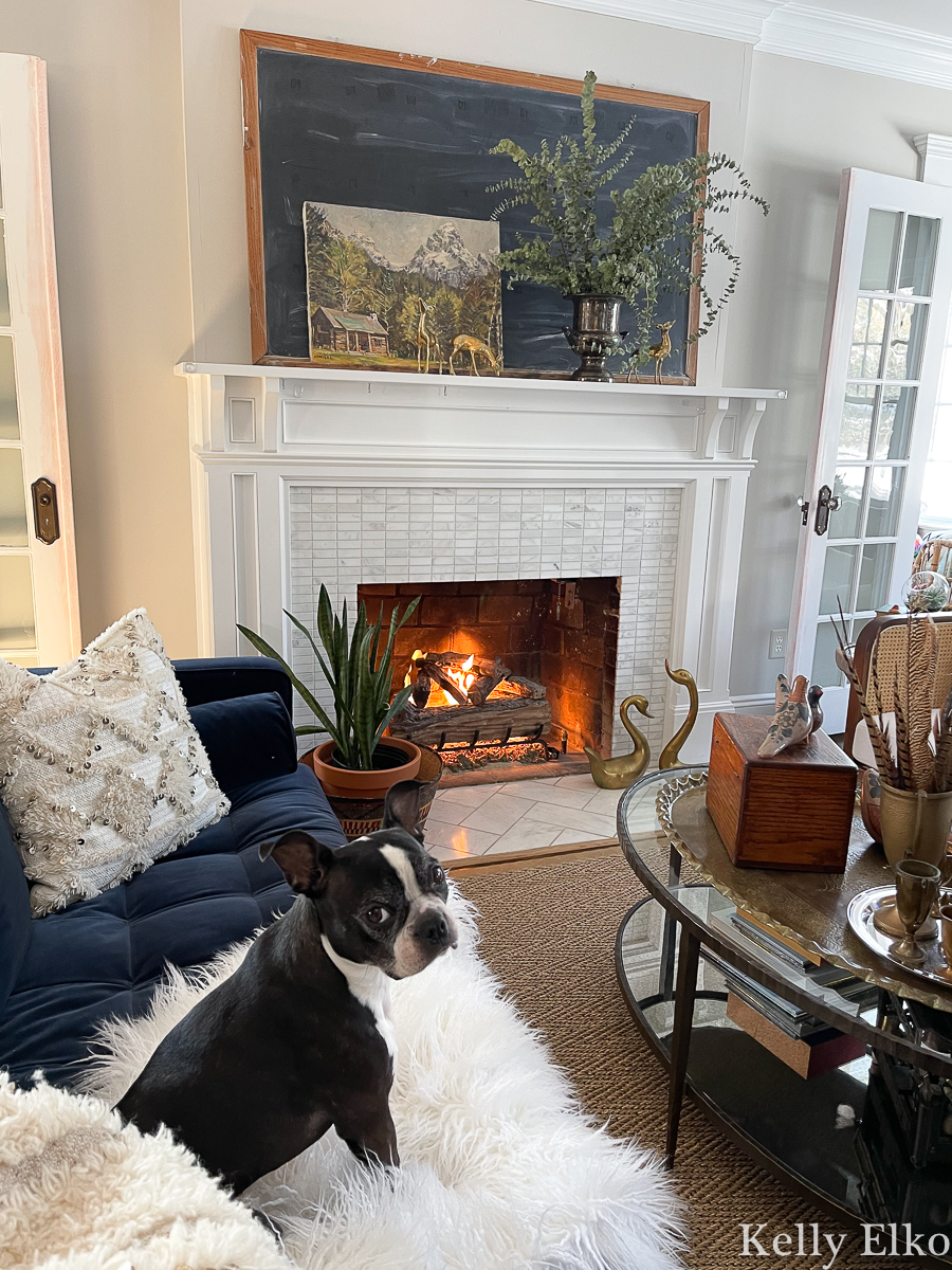 Marble Fireplace with Brass Accents and Greenery — Winter Home Decor