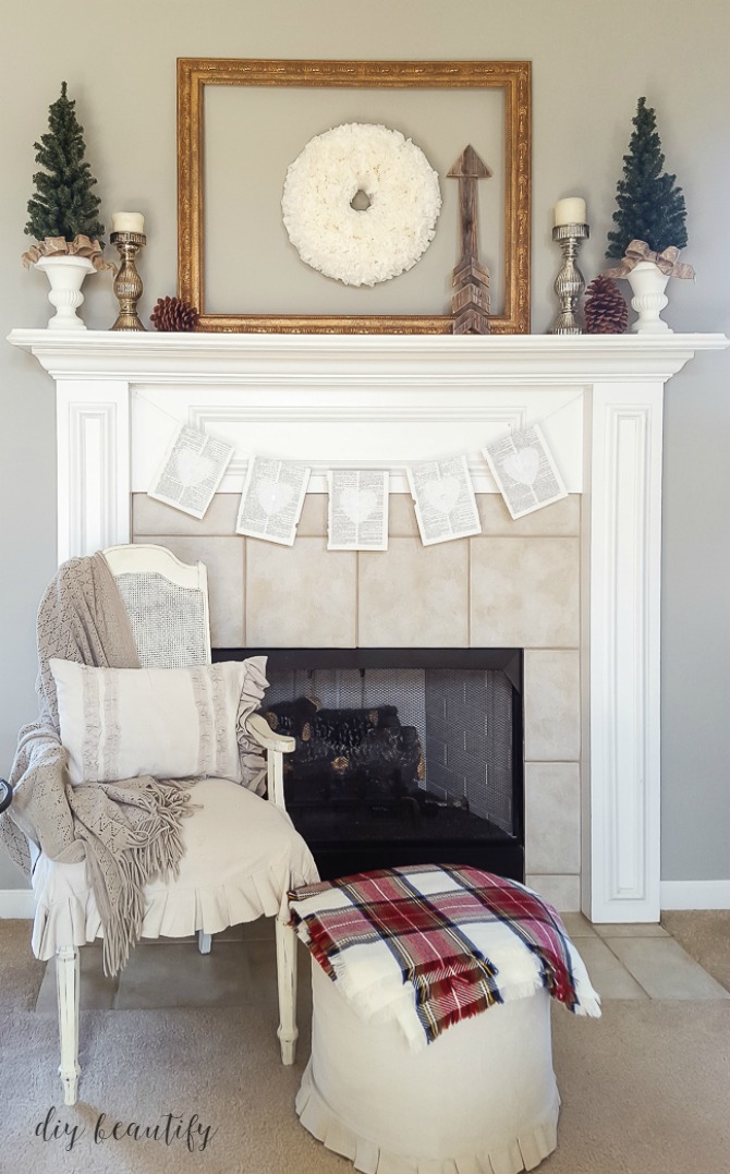 Shabby Chic Mantel with Banner and Cozy Textiles Shabby Chic Mantel with Banner and Cozy Textiles — Winter Mantel Decor