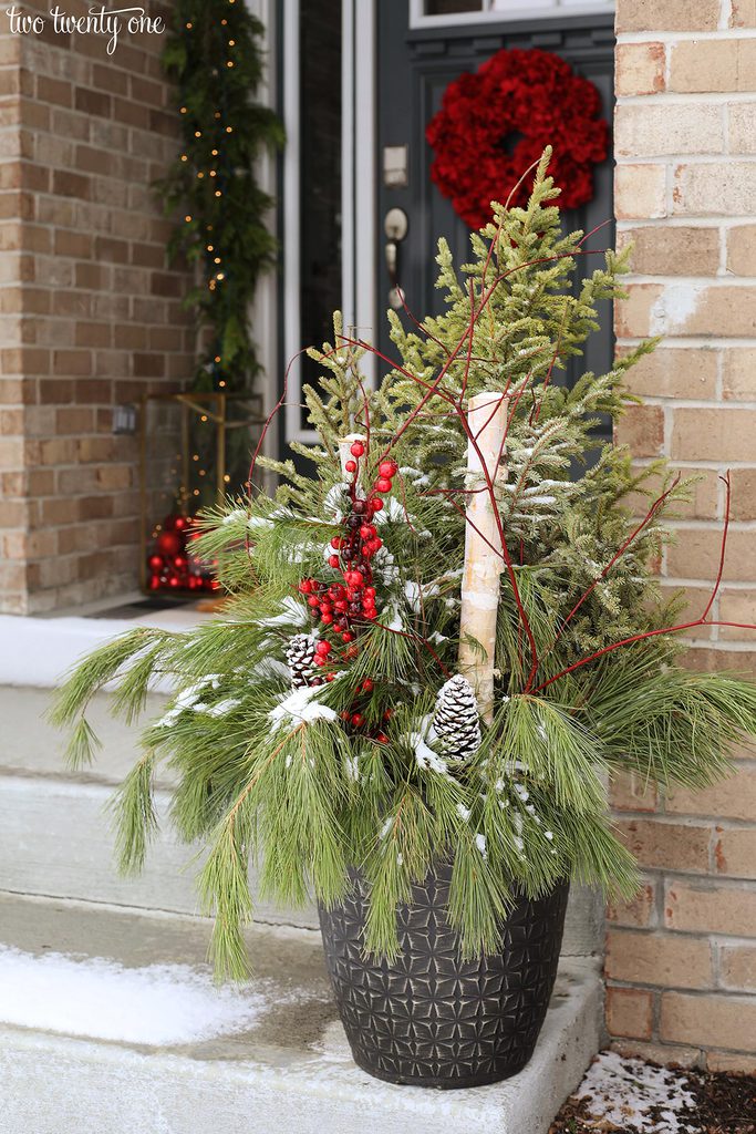 Dark Textured Planter with Birch Log and Faux Snow — Christmas Porch Planters