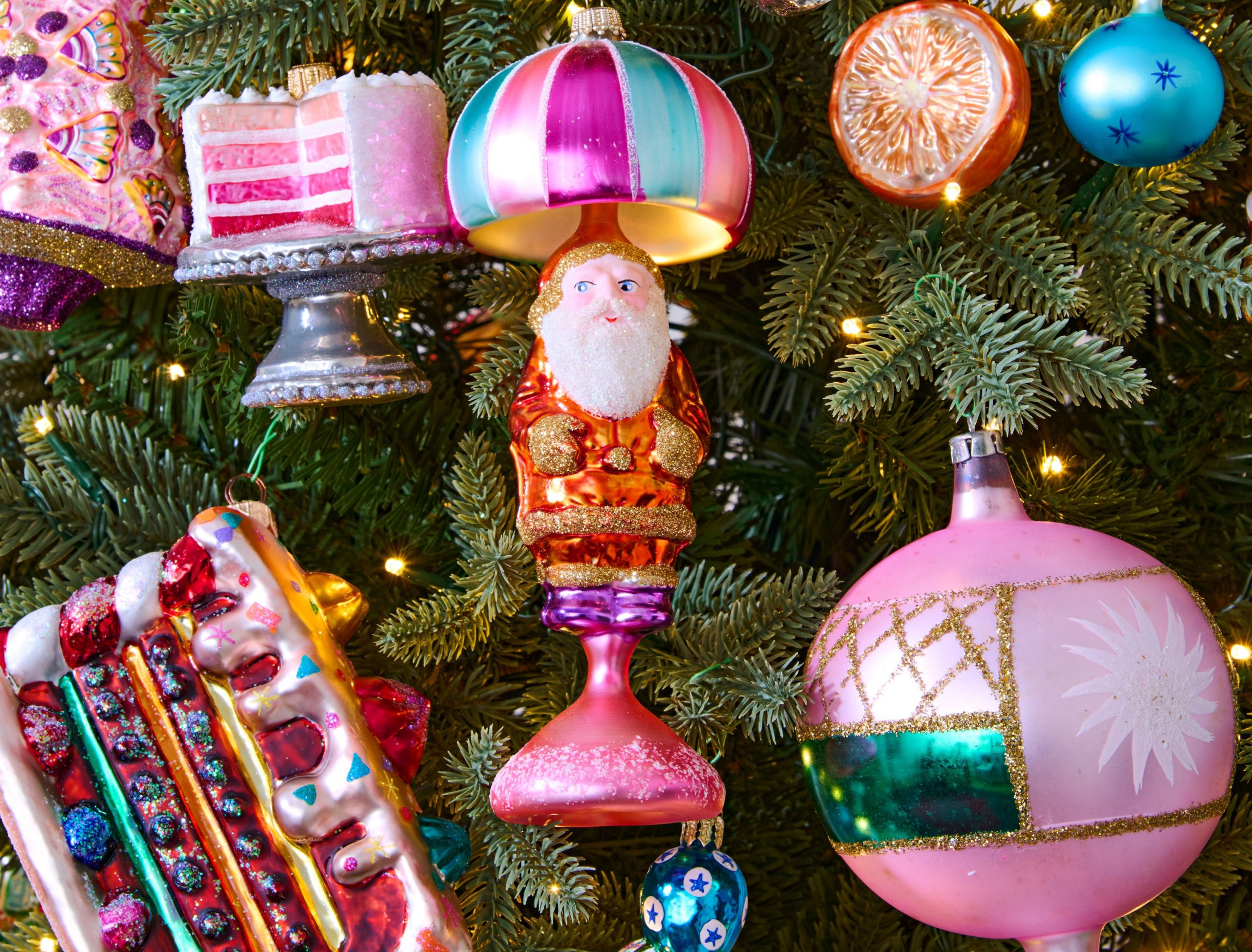 Whimsical Vintage Glass Ornaments on a Christmas Tree Whimsical Vintage Glass Ornaments on a Christmas Tree — Vintage Christmas Decor