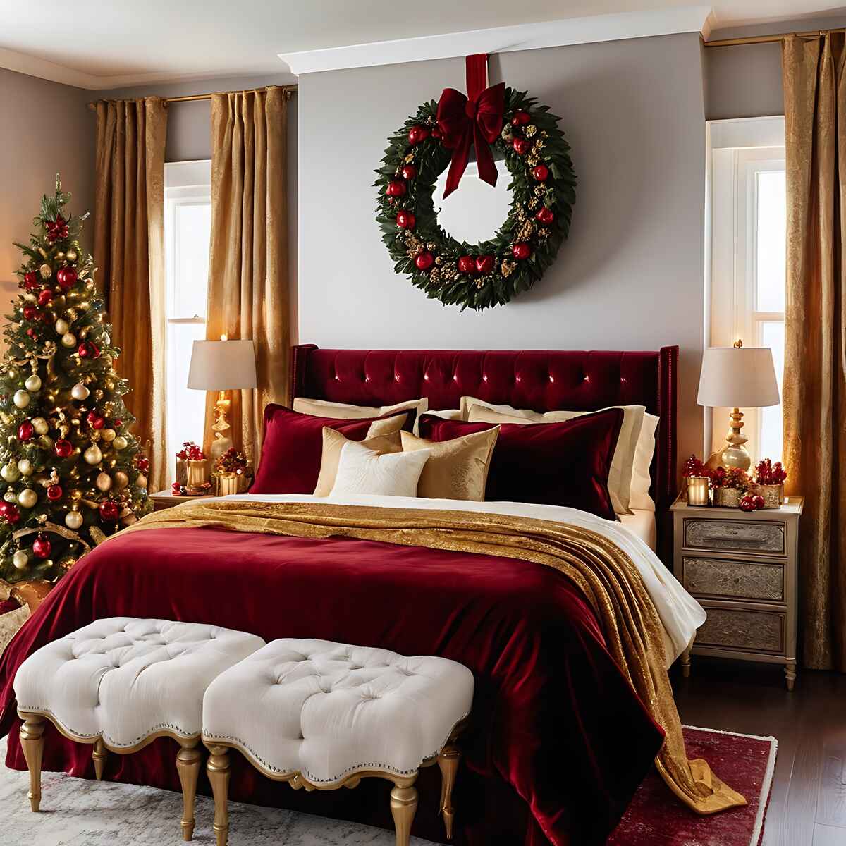 Glamorous Red Velvet Bed with Gold Christmas Accents — Christmas Bedroom Decor