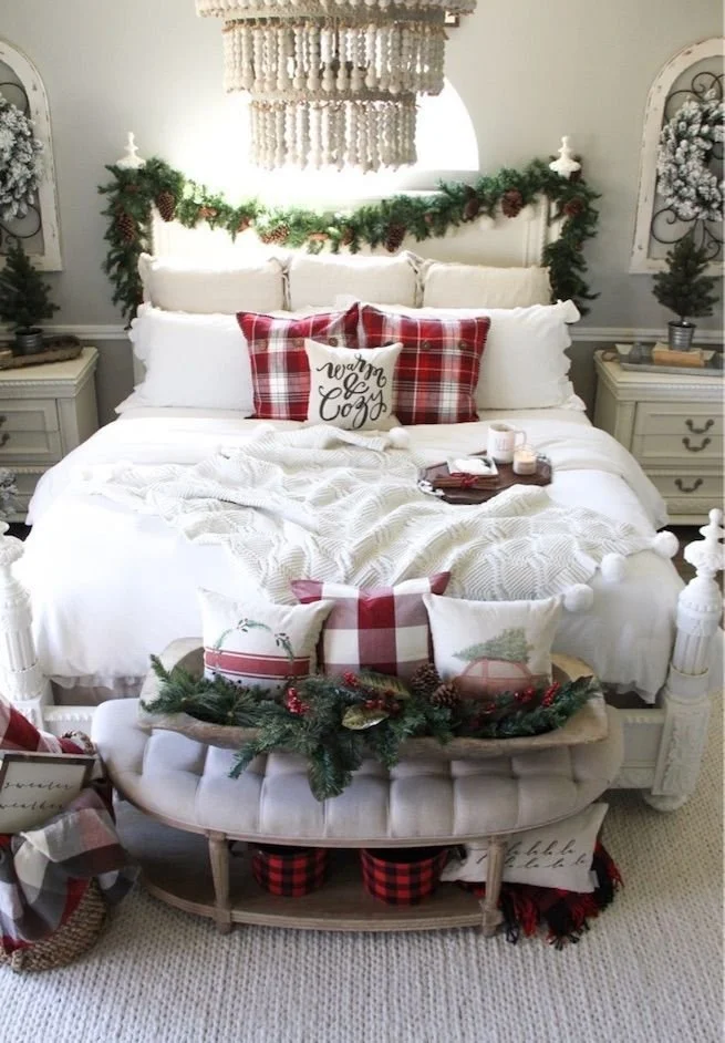 Farmhouse Bedroom with Garland Draped Headboard — Christmas Bedroom Decor