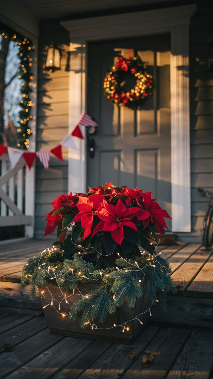 Wooden Planter with Poinsettia, Evergreen, and String Lights — Christmas Porch Planters