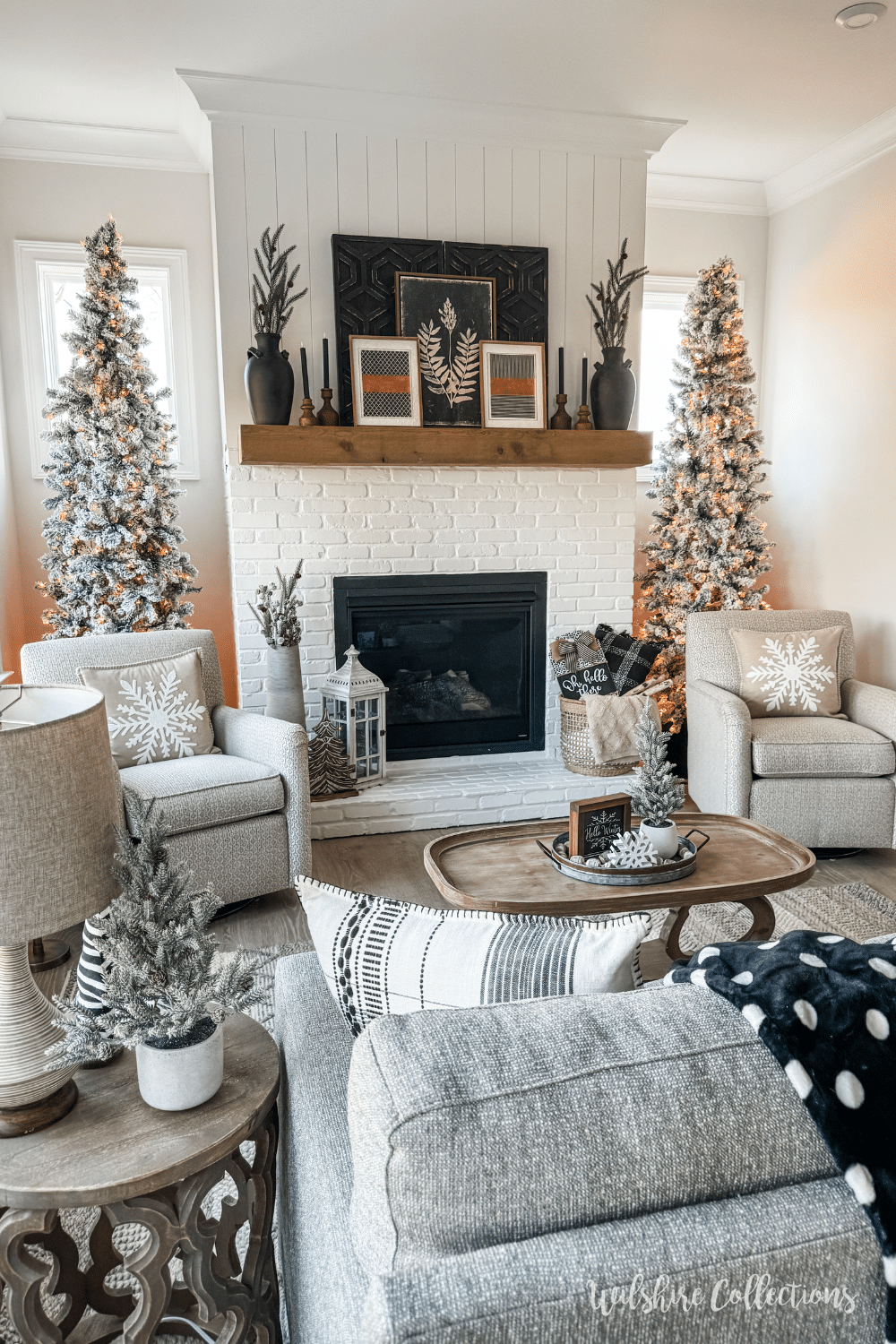 Symmetrical Farmhouse Living Room with Flocked Trees — Winter Home Decor