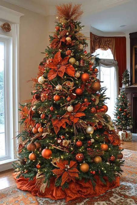 Festive Living Room Tree with Burnt Orange, Red, and Gold Accents Festive Living Room Tree with Burnt Orange, Red, and Gold Accents — Red and Gold Christmas Decor