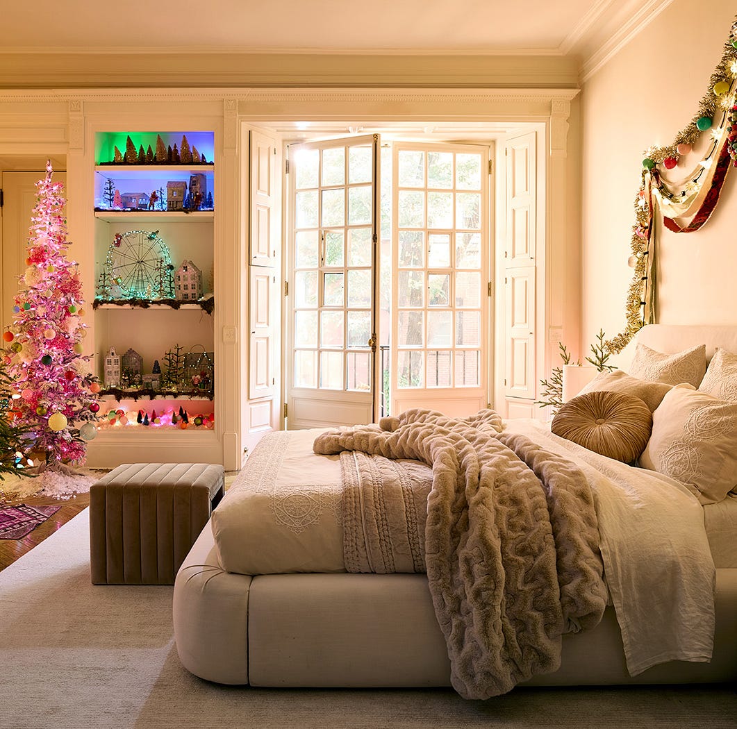 Bedroom with a Pink Christmas Tree and Miniature Scenes — Christmas Bedroom Decor