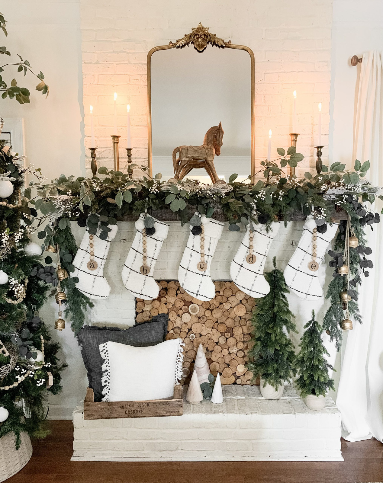 Farmhouse Fireplace Mantel with Gold Christmas Garland Accents — Gold Christmas Decor