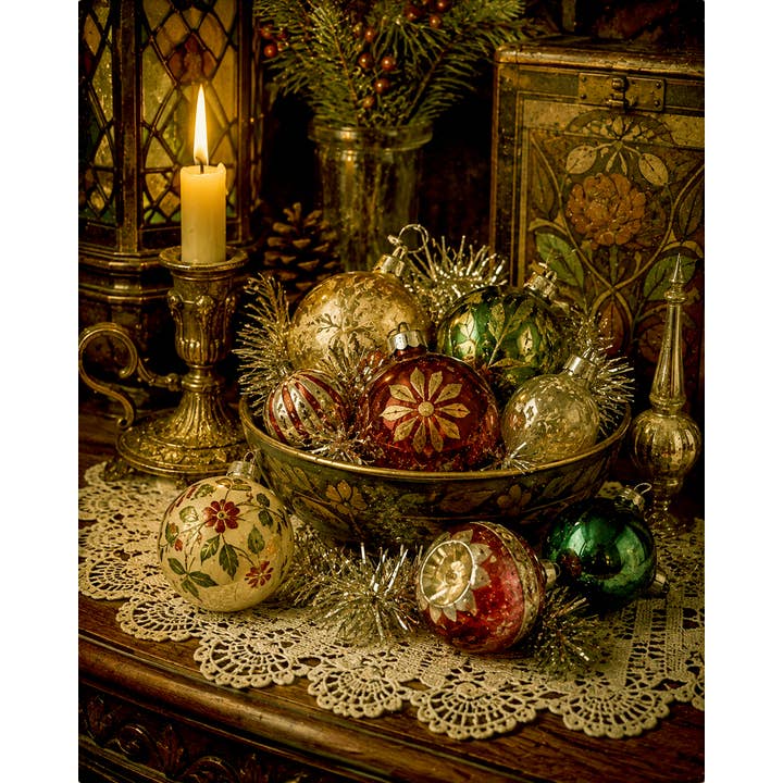 Antique Glass Ornaments in a Decorative Bowl with Candlelight Antique Glass Ornaments in a Decorative Bowl with Candlelight — Vintage Christmas Decor