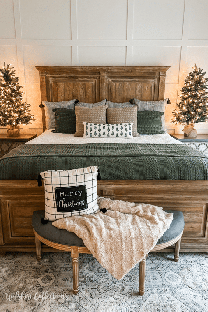 Rustic Bedroom with Symmetrical Mini Christmas Trees — Christmas Bedroom Decor