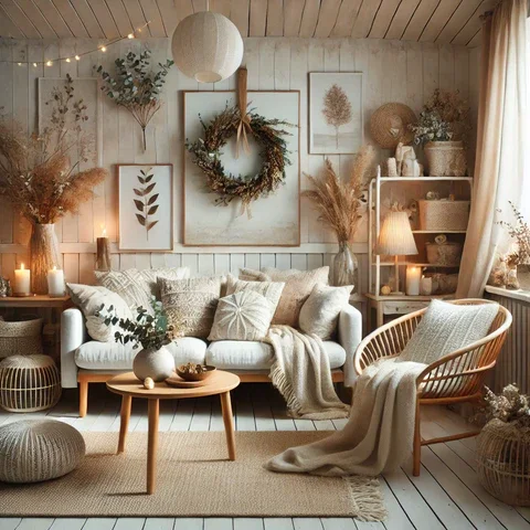 Boho-Hygge Living Room with Textured Neutral Decor — Winter Home Decor