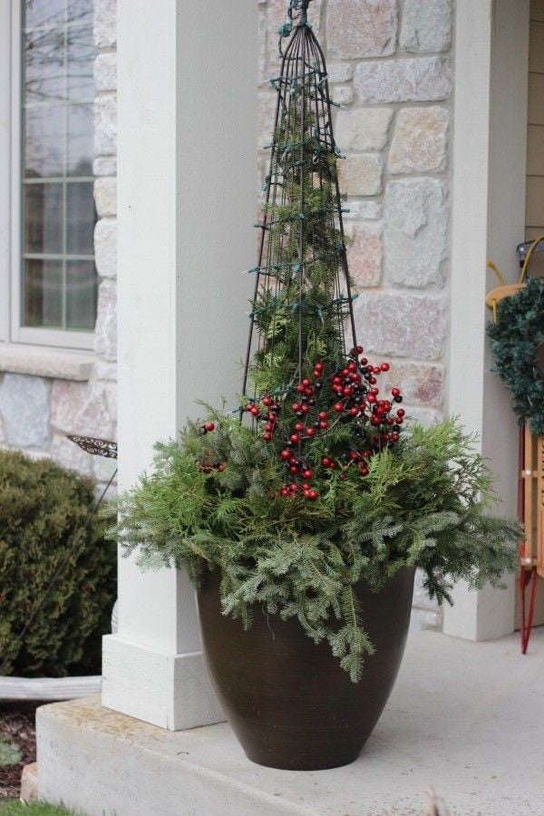 Dark Planter with Evergreen Boughs and Decorative Metal Cage — Christmas Porch Planters